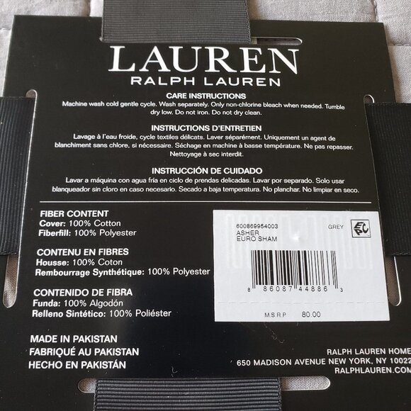 NWT - Ralph Lauren (set of 2) Asher Grey European Sham 26"x26" 100% Cotton - Picture 3 of 3